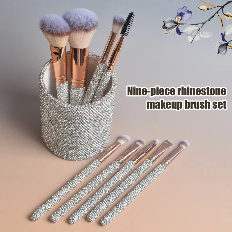 9 fully diamond-encrusted makeup brushes, loose powder brushes, contouring brushes and eyeshadow brushes for portable storage