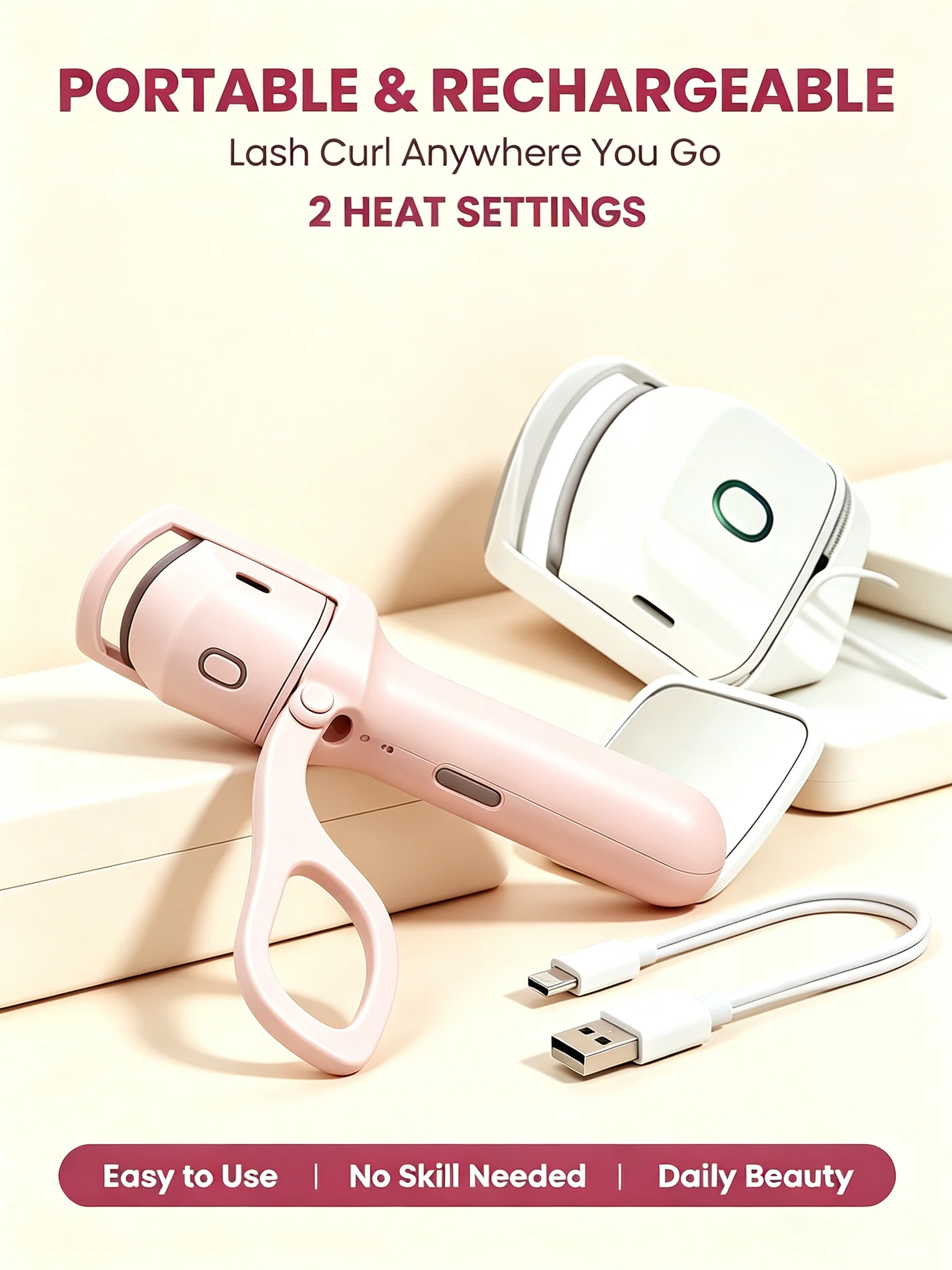 Portable heated eyelash curler, heats up quickly, easy to use, USB eyelash curler for long-lasting curl.