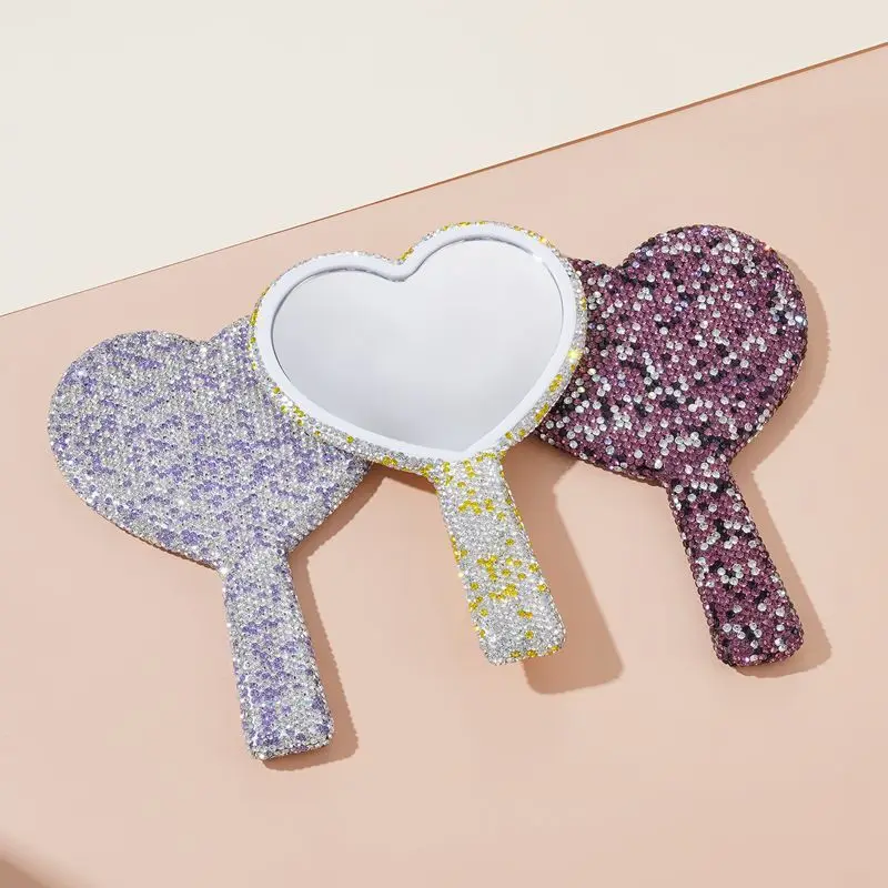 Diamond-Encrusted Heart-Shaped Handheld Mirror Portable Makeup Mirror for On-the-Go Beauty Check