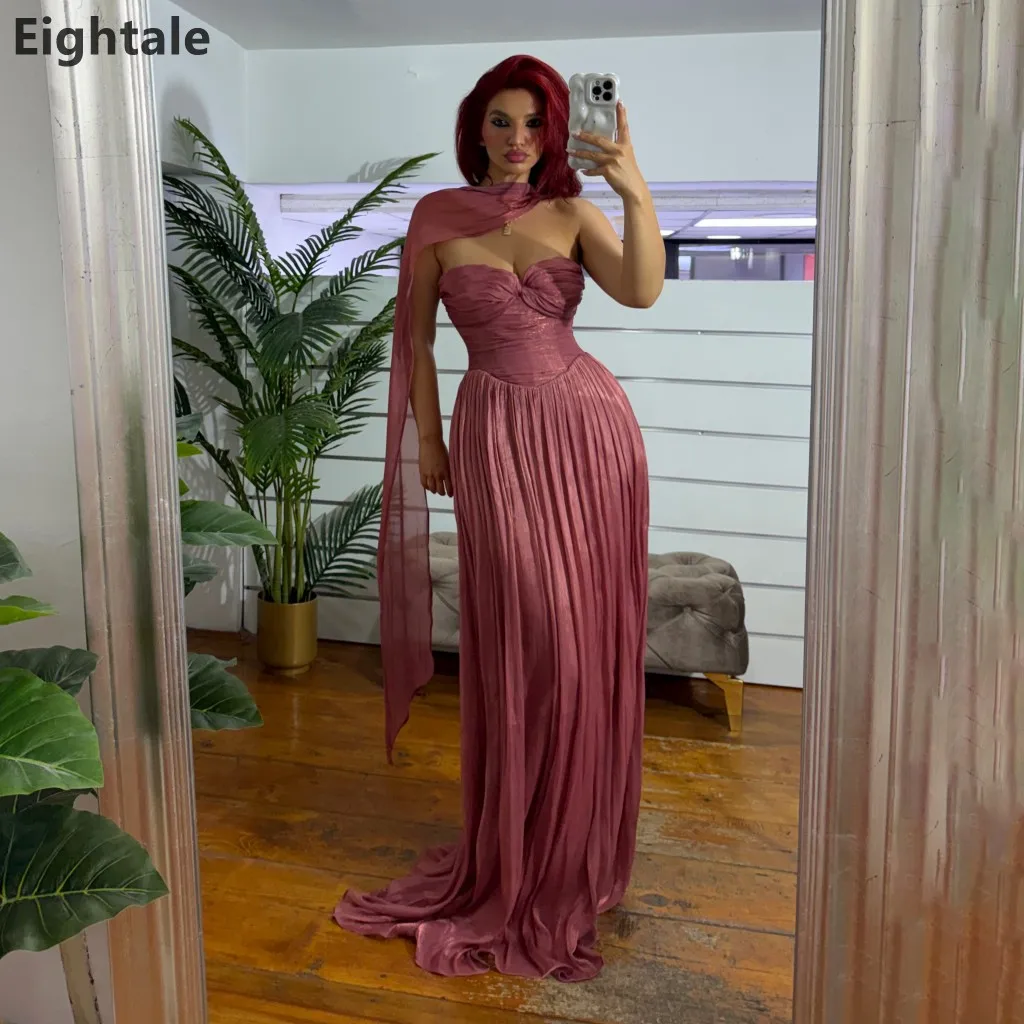 Shimmer Dusty Rose Formal Evening Gown Sweetheart Twist Bodice Pleated Maxi Formal Prom Dress With Floating Neck Cape Customized