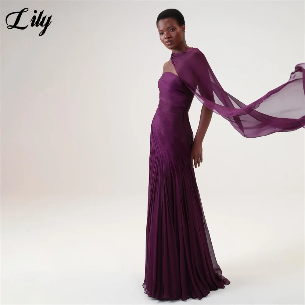 Lily Eggplant Purple Prom Dresses Diagonal Ruched Chiffon Evening Dress Single Long Floating Cape vestidos de fiesta Customized