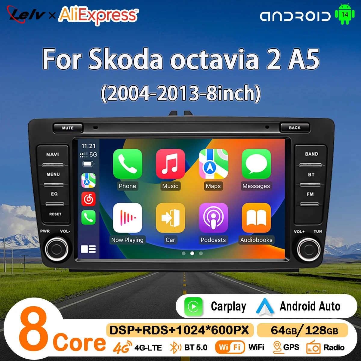 LELV''For Skoda octavia 2 A5(2004-2013-8inch)Car Radio Android 14 Wireless Carplay Multimedia Video Player GPS Navigation