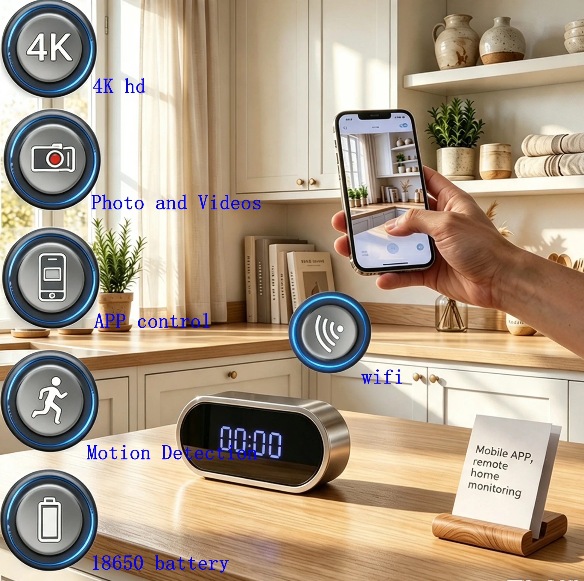 Small Wireless Surveillance Portable Clock Camera, Support Motion Detection, App Control, Built-in Battery, Digital Can Be off