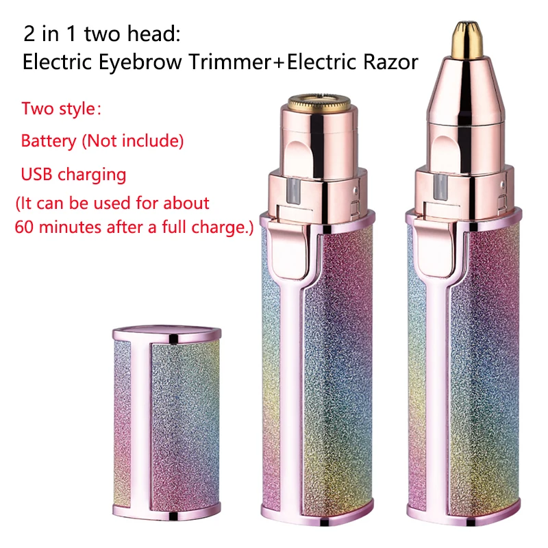 2 IN 1 Electric Eyebrow Trimmer Women Body Facial Lip Hair Removal Painless Shaver Razor Portable Epilator USB Charging/Battery