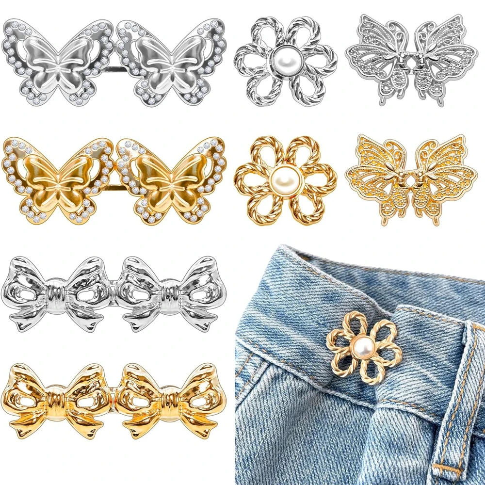 2Sets Adjustable Pants Waist Tightener No-Sew Tool-Free Waist Buckle Sets Decorative Pant Adjuster Pins for Loose Jeans Dresses