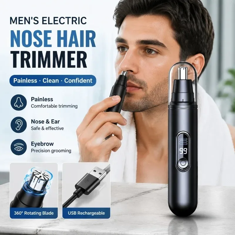 Men's Electric Nose Hair Trimmer USB Rechargeable Painless Waterproof Nose Ear Eyebrow Hair Remover Portable Mini Clipper Shaver