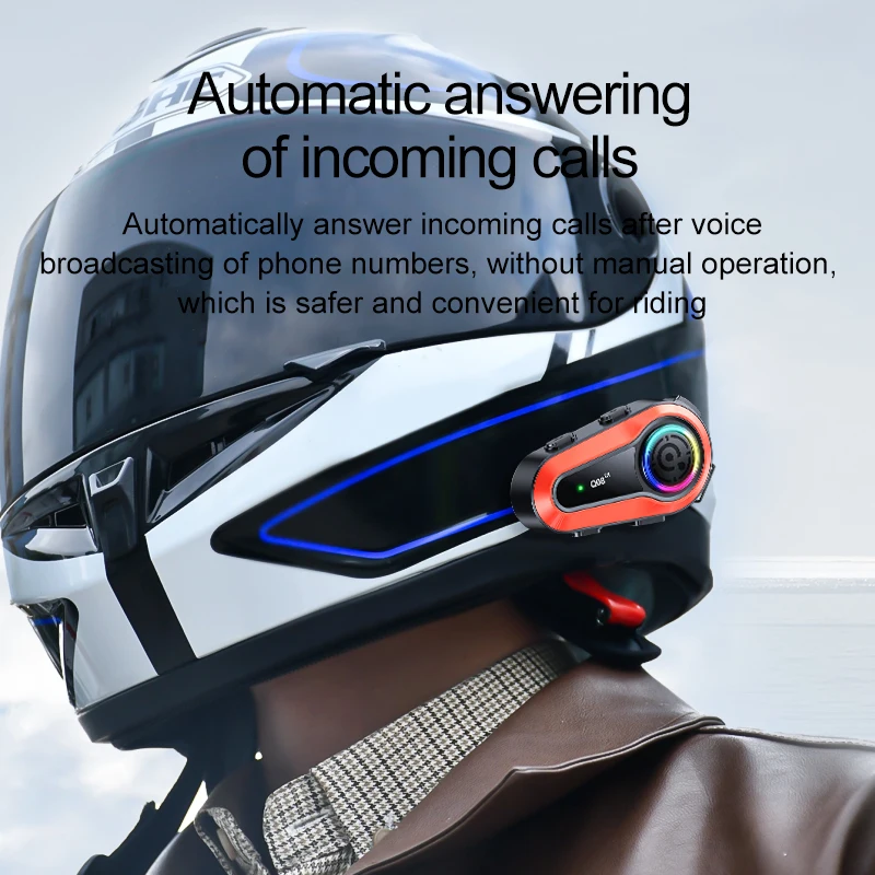 Q08 2X Motorcycle Helmet Bluetooth Headset RGB Ring Light Moto Wireless Intercom Waterproof FM Radio Handsfree Call