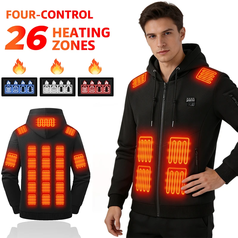 Smart 26 Zone Heated Hoodie Men Women USB Powered Rapid Warm Up Machine Washable Winter Sweatshirt for Commute Hiking Cold