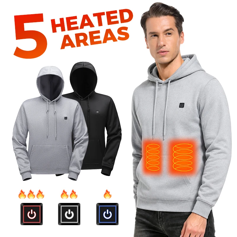 Smart 5 Zone Heated Hoodie Men Women USB Powered Rapid Warm Up Machine Washable Winter Hoodie for Skiing Fishing Cold Climate