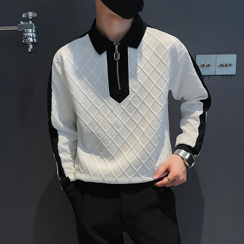 Autumn Winter Zipper Long Sleeve Men Polo Sweatshirts Argyle Plaid Fashion Spliced Hit Color Business Casual Oversized Pullovers