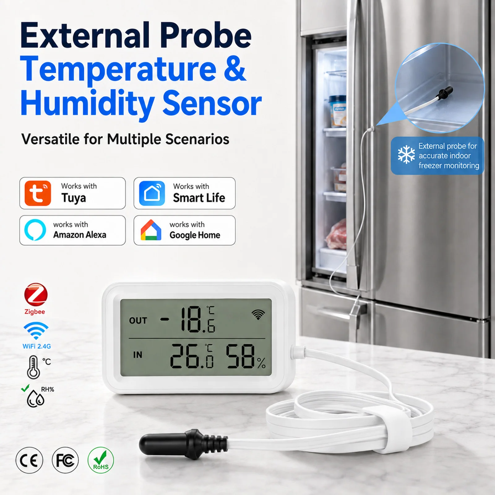 External Waterproof Probe Temperature Humidity Sensor Tuya WiFi Zigbee LCD Thermometer Hygrometer For Fridge Aquarium Pool Alexa