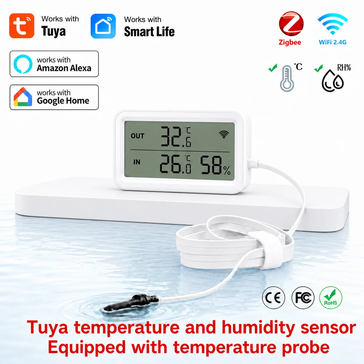 Waterproof External Probe Tuya Zigbee WiFi Smart Home Temp Humidity Sensor LCD for Fridge Aquarium Pool Alexa Google Home