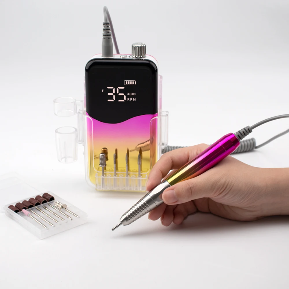 Brushless Desktop 35000RPM Gradient Color Handle Rechargeable Nail Drill Portable Cordless Wave Electric Nail Drill Machine Set