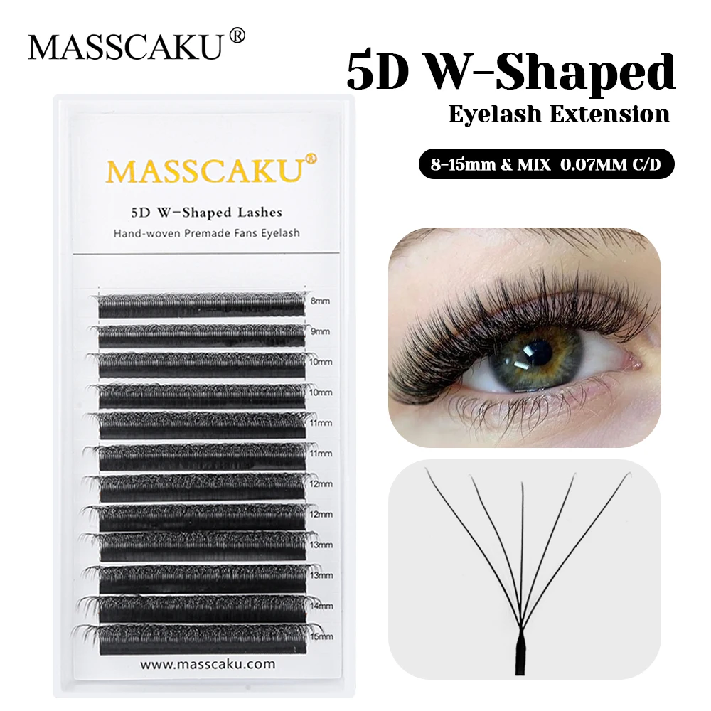MASSCAKU New Arrival Lightweight Individual Waterproof 3D 4D 5D 6D W Shape Eyelashes Ribbon Natural Looks Premade Fans Eyelash