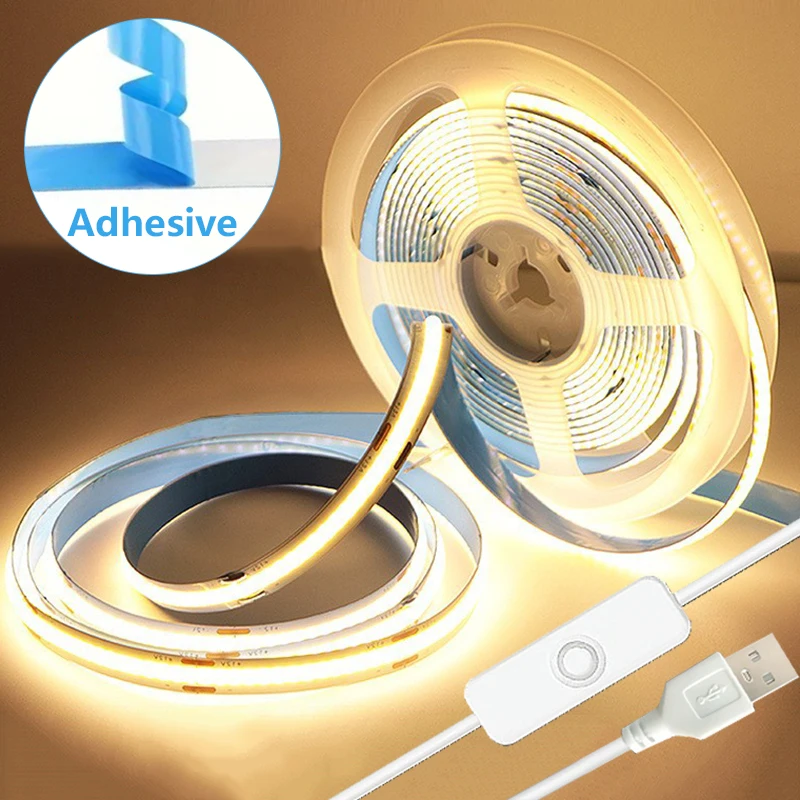 5V COB Strip Lights Switch Control USB Flexible Diode Tape Ribbon For Kitchen Garage TV Mirror PC Backlight Wall Decor Lights