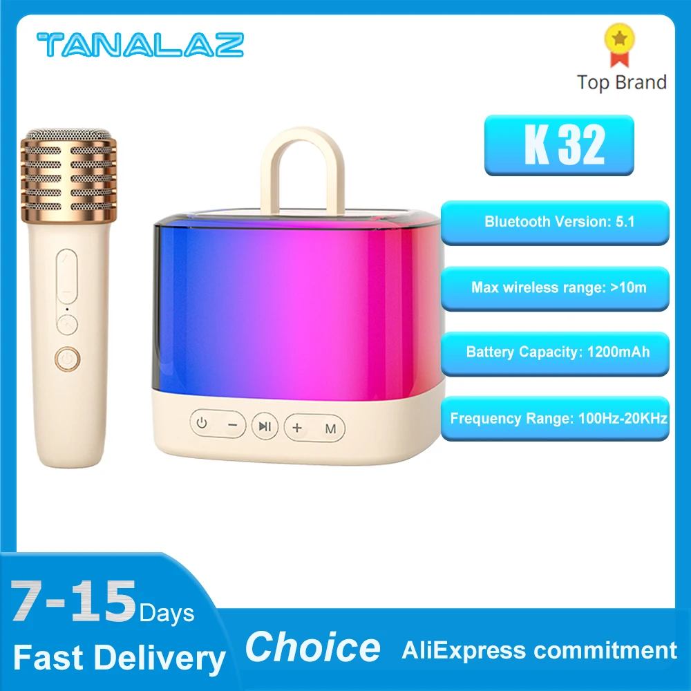 TANALAZ K32 Wireless Microphone Bluetooth 5.1 Speaker Karaoke Machine RGB Lights HIFI Subwoofer KTV DSP Sound System Child Gifts
