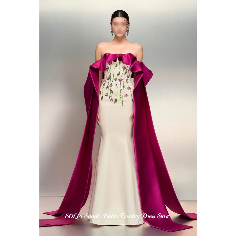 SOLIS Two Color Satin Prom Dress Strapless Bodice Floral Evening Dress with Floating Cape Mermaid Formal Party Gown Customized
