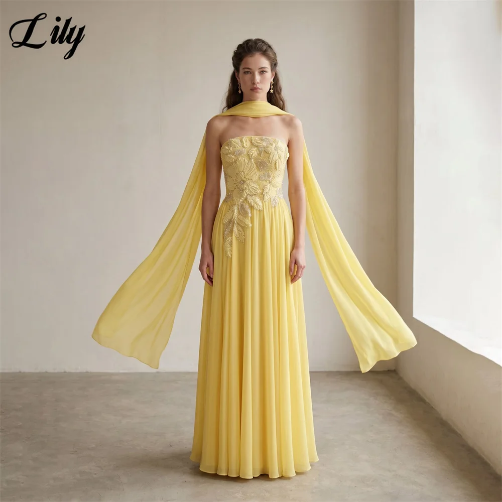 Lily Soft Yellow Strapless Chiffon Evening Gown Floating Shoulder Scarf Prom Gown 3D Floral Applique Formal Dress Customized