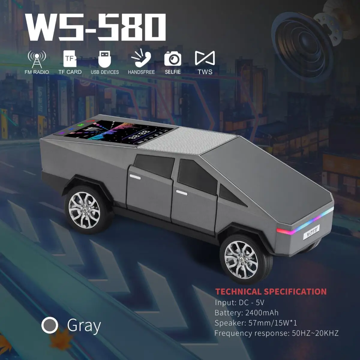 Cyber Truck Car-Shaped Speaker Bluetooth Wireless & Wired TF Card FM Radio Dynamic Color Screen New for Music Decoration Gift