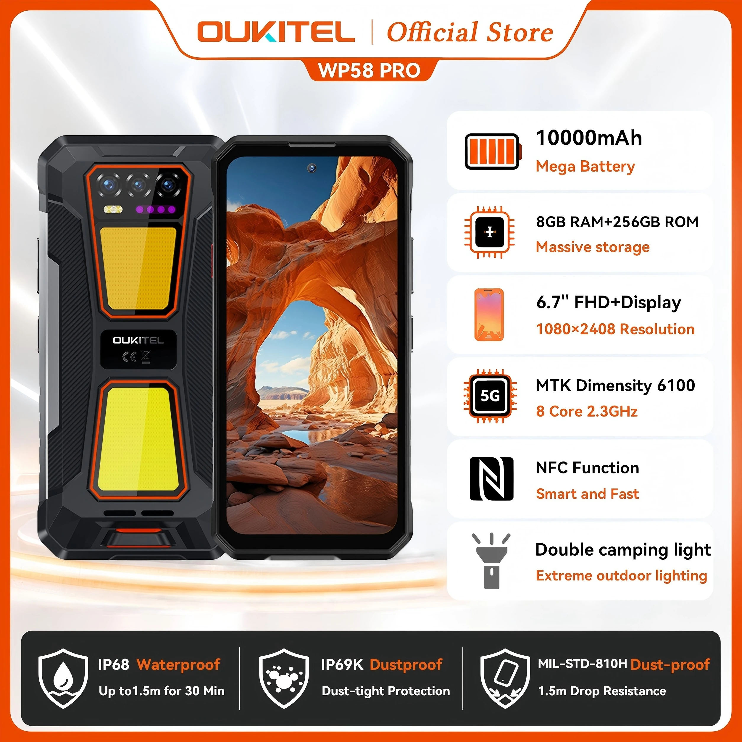 OUKITEL WP58 PRO 5G Rugged Phone 24GB(8+16) RAM + 512 ROM, 6.7'' HD 10000mAh 33W Android 15 NFC Cellphone with Dual Camping Lamp