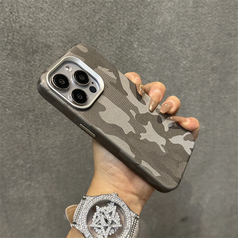 Camouflage PU Leather Magnetic Phone Case For iPhone 16 17Pro Max 15 13 14 Pro 17 Wireless Charging Alloy Lens Shockproof Cover