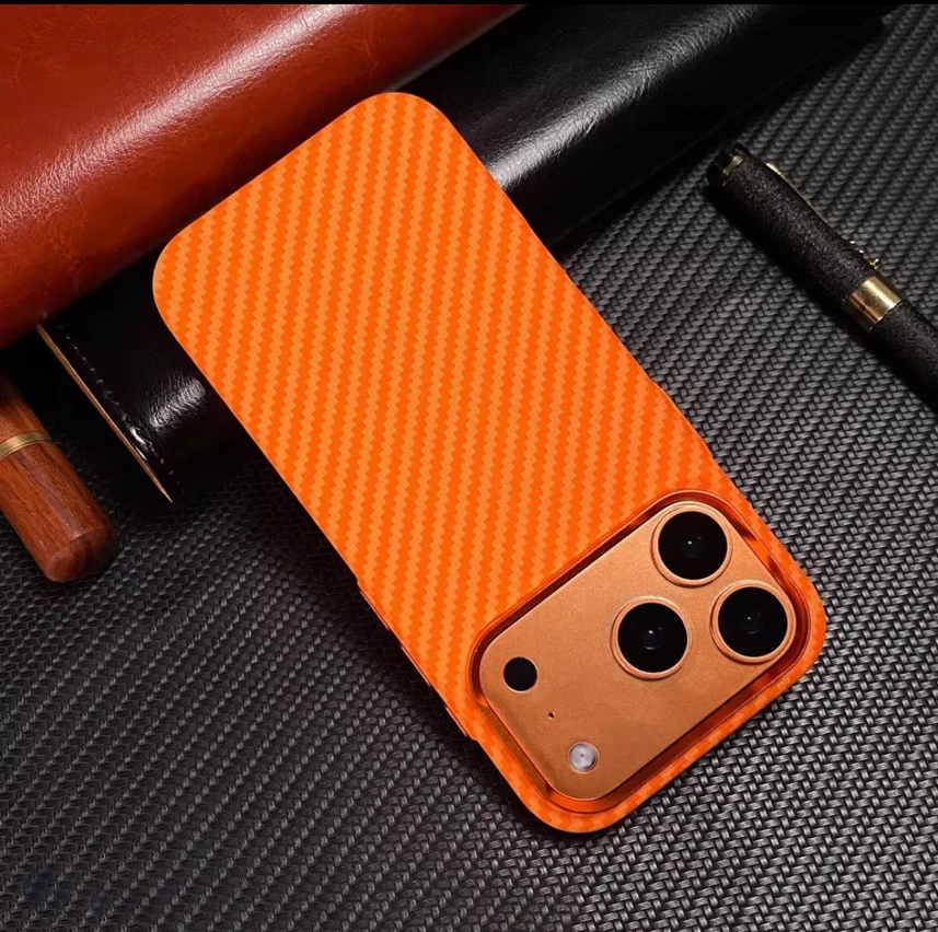Luxury Carbon Fiber Texture Orange Magsfae Case for iPhone 17 Pro Max / 17 Pro Wireless Charging Alloy Lens Protection PC Cover