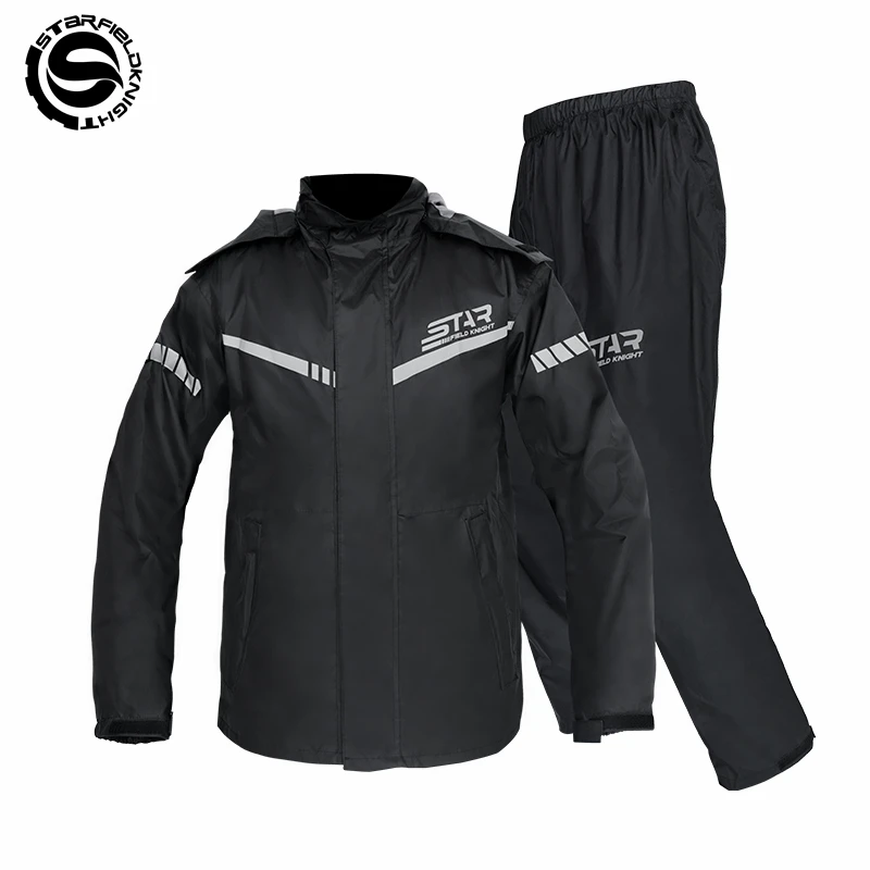 SFK Black Motorcycle Rider Raincoat Rainpants Split 2Pcs/set Riding Equipment Upgrade Rainproof Night Reflective Logo Rainy Suit