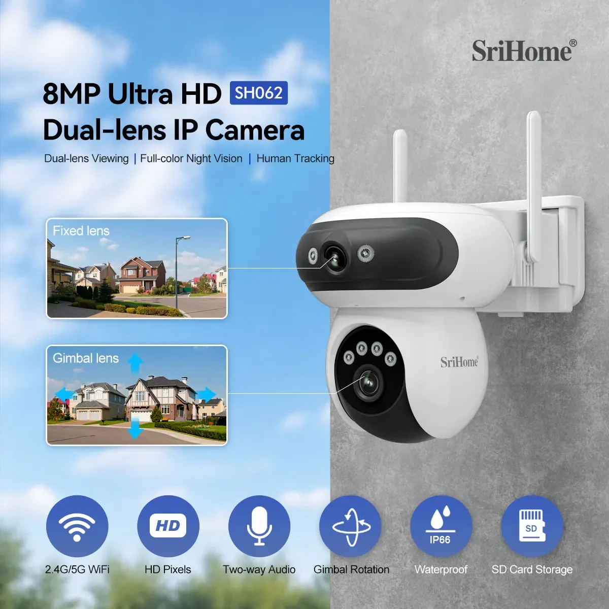 Srihome SH062 8MP Dual Lens IP Dome Camera 2.4G&5G Dual Band WIFI AI Humanoid Home Security Cry Detection CCTV Baby Monitor Cams