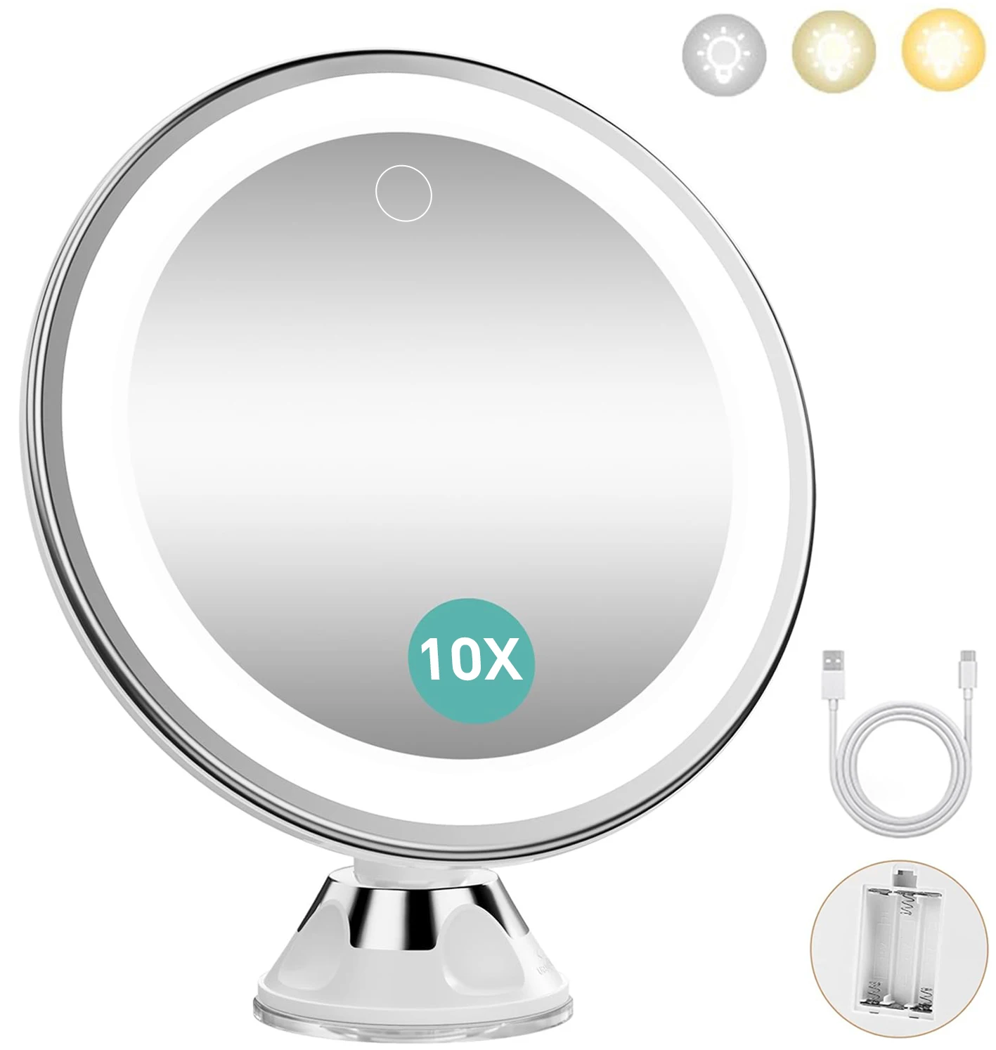 10x Magnifying Makeup Mirror 3 Lights Color Modes and Dimming Battery Operated Cordless with Suction Cup for Wall Bathroom Home