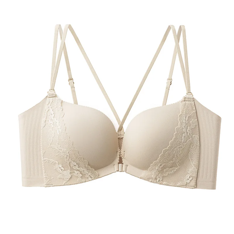 KUCLUT Front-Closure Bra Women's Gathered Small Chest Summer Thin Back Thick Cup Comfortable Nylon Fabric Full Cup Bra