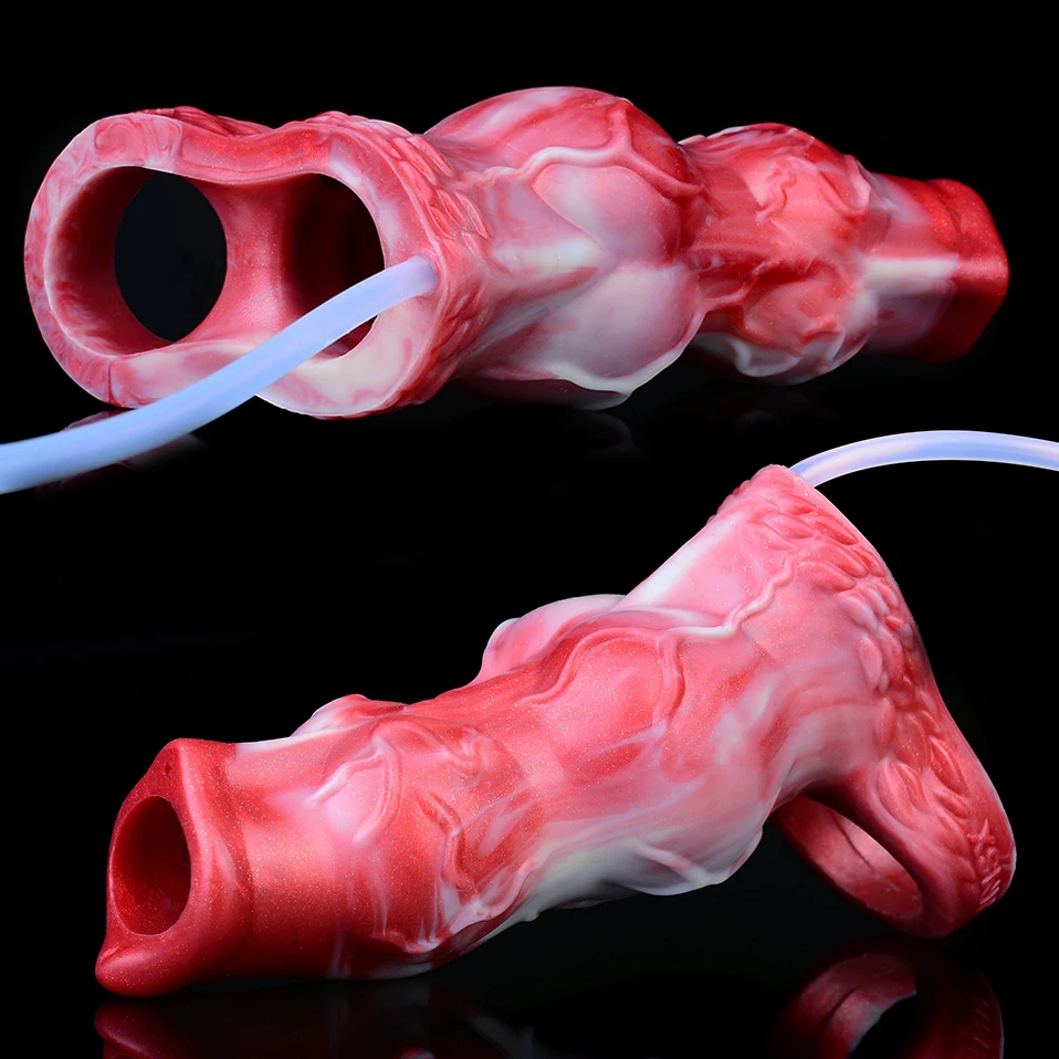 FAAK Red And Black Fantasy Squirting Knot Dog Hollow Dildo Silicone Ejacualtion Penis Sleeve Sex Toys For Men Cock Enlargement