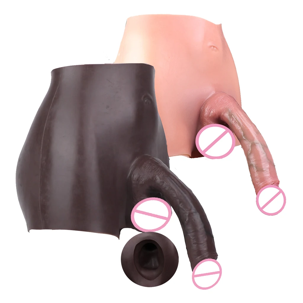 FAAK Black Silicone Panties Wearable Hollow Dildo Delay Ejaculate Strapon Penis sleeve Enlarger Extender Sex Toys for Men