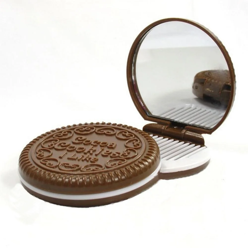 Mini 2 in 1 Comb Mirror Set Pocket Mirror Portable Makeup Mirror with Comb Set Durable Folding Comb Chocolate Cookie Shaped