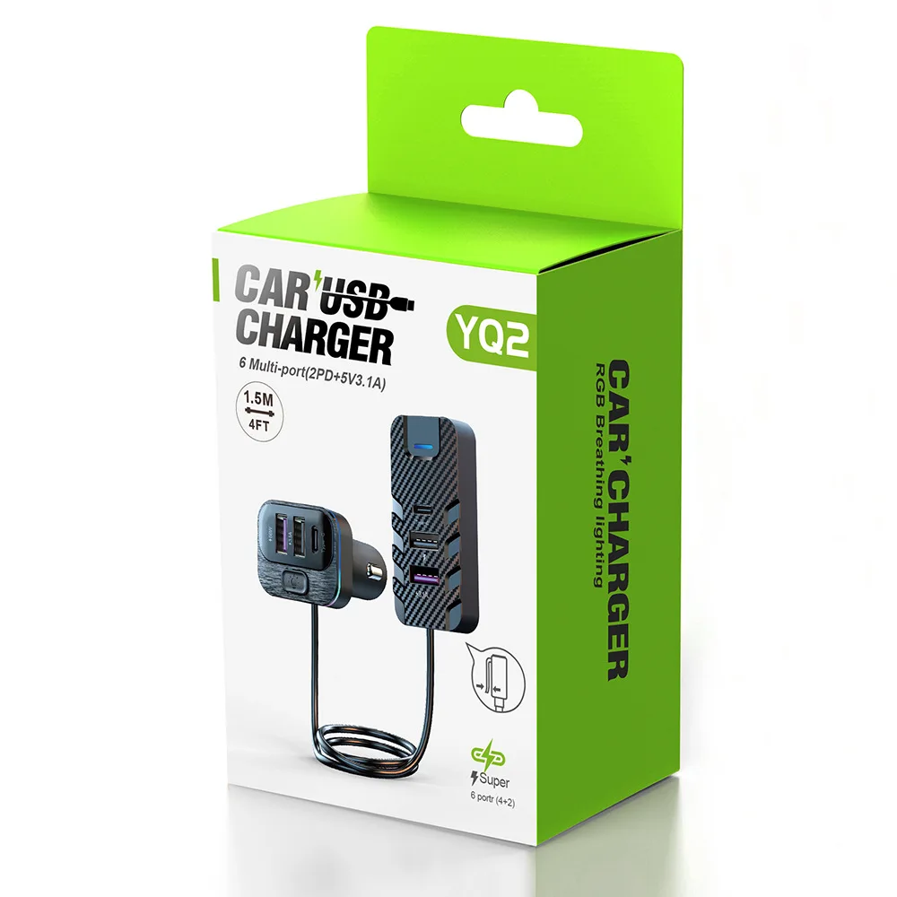 YQ2 66W 6-Port Expansion Car Charger USB Type-C Cable For IPhone Huawei Samsung Fast Charge Cigarette Lighter Adapter PD QC3.0