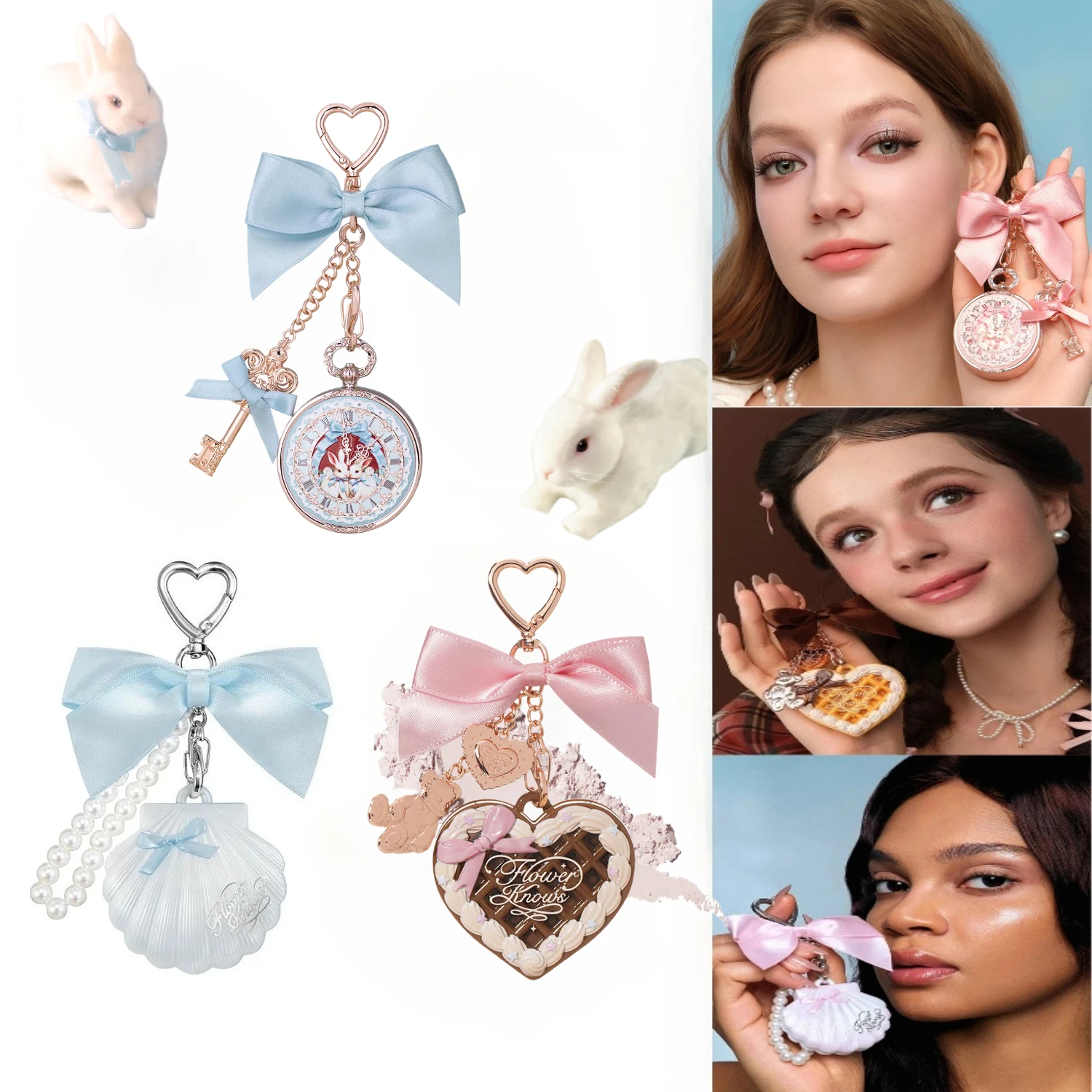 FlowerKnow Bunny Garden Cupid Sweetie Bear Face Powder Set with Blush Highlighter Pendant - Portable Long-Lasting Makeup