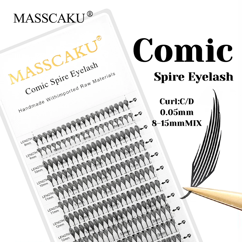 New Design MASSCAKU 0.05mm Thickness Lightweight Comic Spire Lash 8-15mm Mix Length Pointy Base Premade Fans Eyelash Application