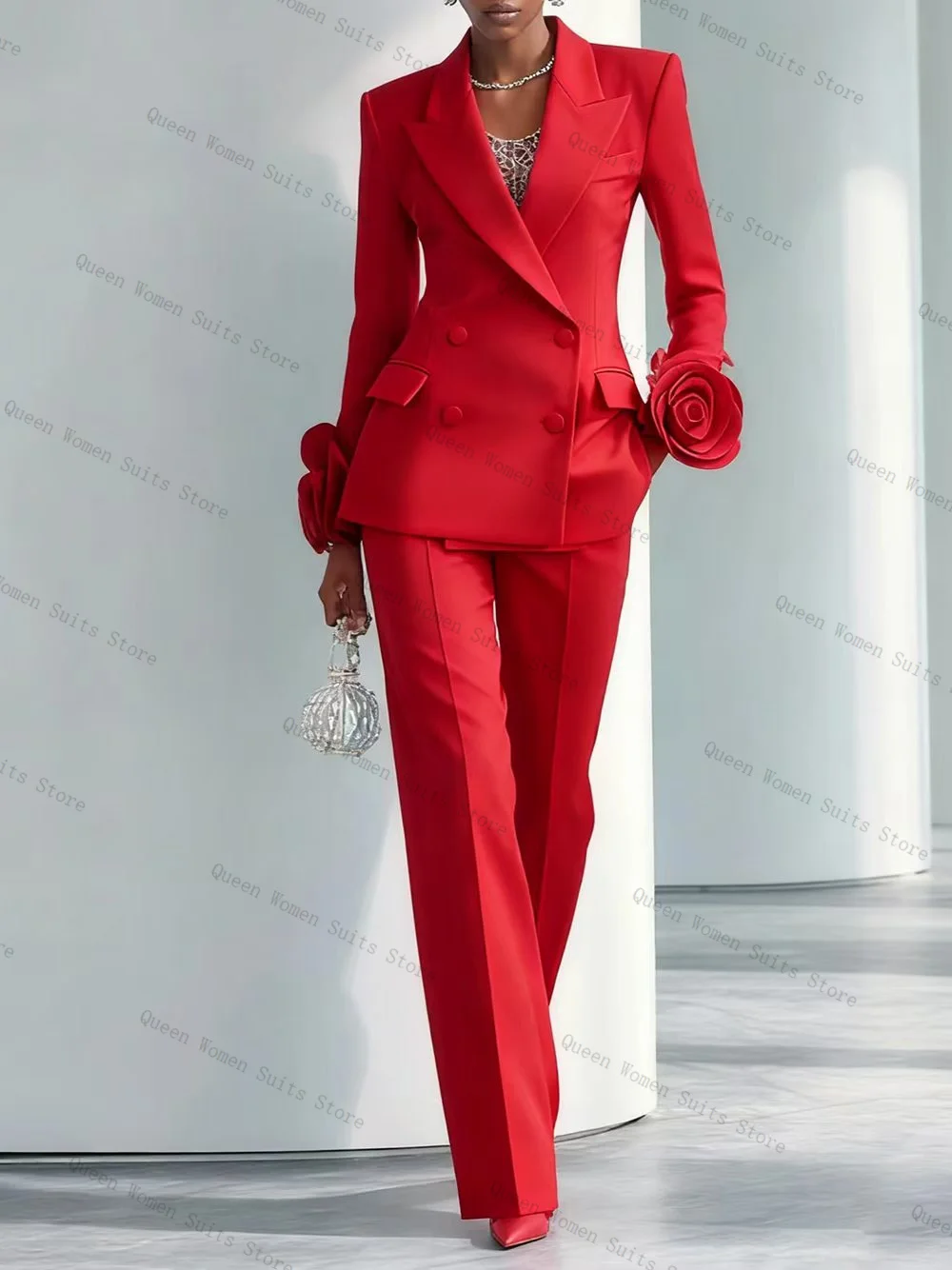 Luxury Red Women Suit Set 2 Pcs Blazer+Pants Trousers 3D Flower Cotton Customized Formal Guest Wedding Tuxedos Party Coat Jacket