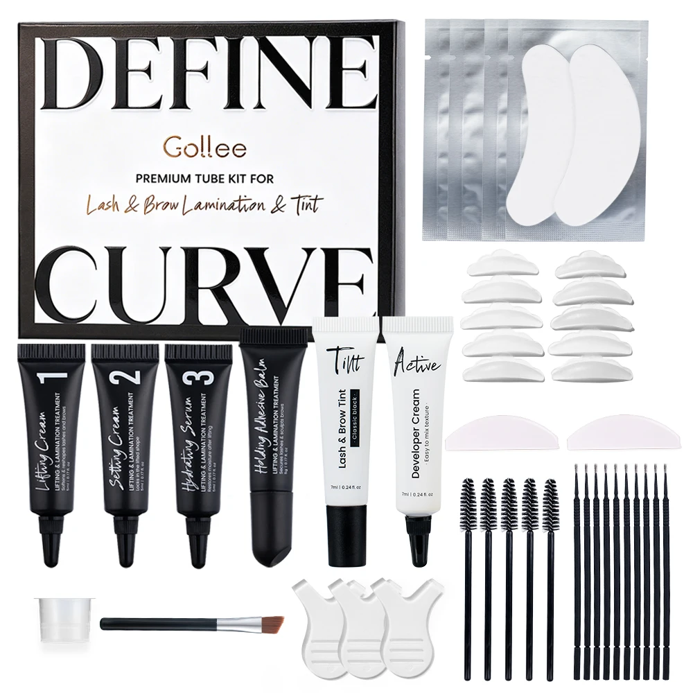 Gollee New Lash and Brow Curling Perm Kit Eyelash Lifting Treatment Makeup 4-6 Weeks Lash Curler Perm with Holding Adhesive Balm