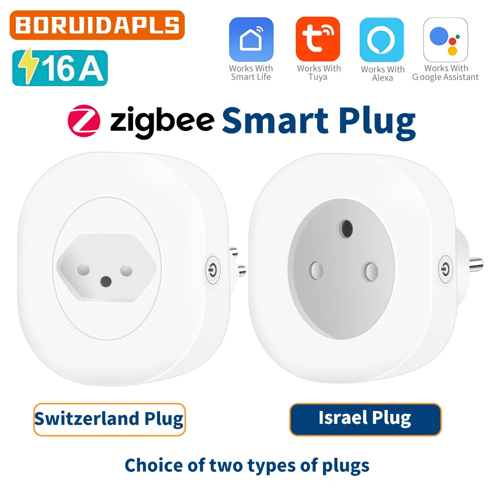 BORUIDAPLS Switzerland Israel Plug Tuya Smart Plug ZigBee Timed Voice Google Home Alexa Power Monitoring 16A Multiple PCS Socket