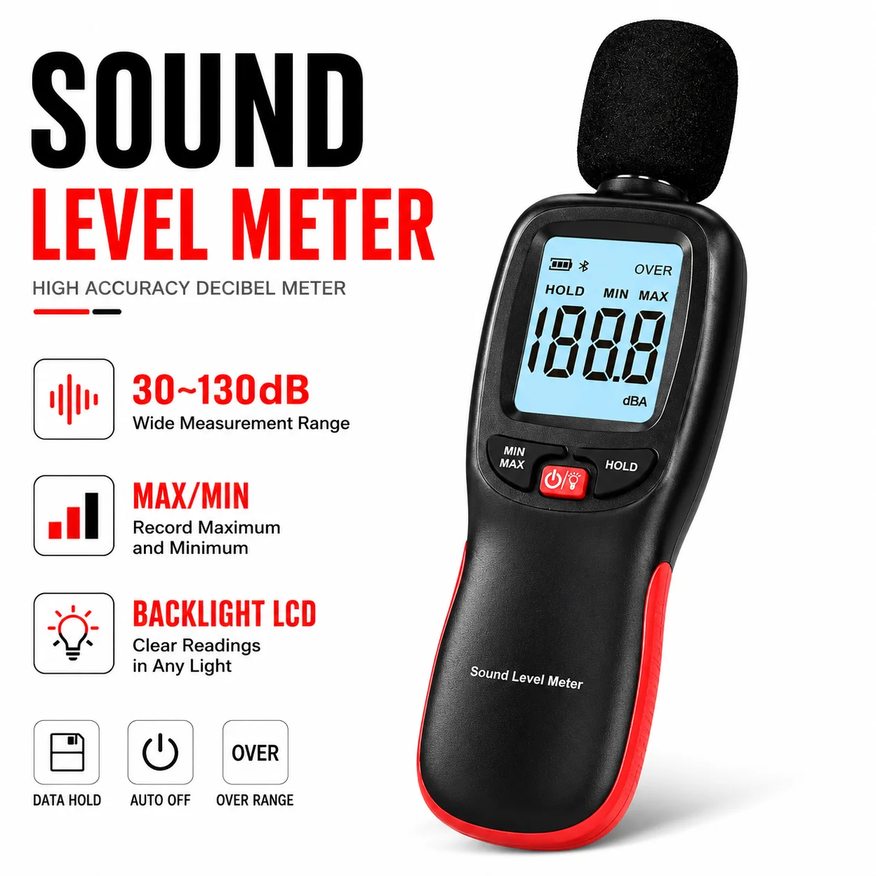 Decibel Meter Bluetooth, Portable Sound Level Meter with Data Logging, Can Fit with Smartphone App Recording, 30 to 130dBA