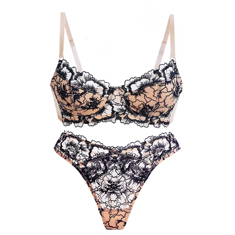 KUCLUTEmbroidered Lace Lingerie Set for Women with Small Breasts, Push-Up and Anti-Sagging, Ultra-Thin, Beautiful Back Bra Set
