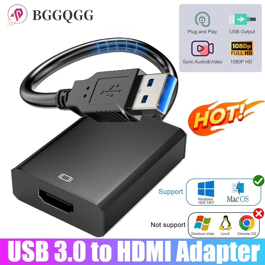 USB 3.0 To HDMI Adapter 1080P USB To HDMI Converter USB A To HDMI Cable 60Hz Audio Video Adapter for PC HDTV Laptop Projector