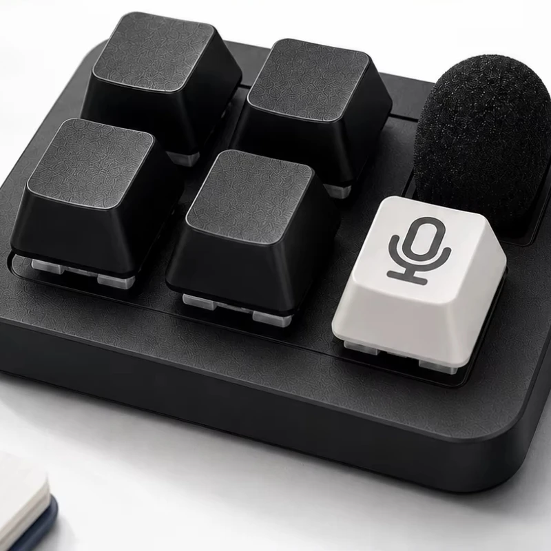 Compact 2.4G Wireless/Wired Condenser Microphone with 5-Key Programmable Mechanical Keyboard for Gaming and Computer Use.