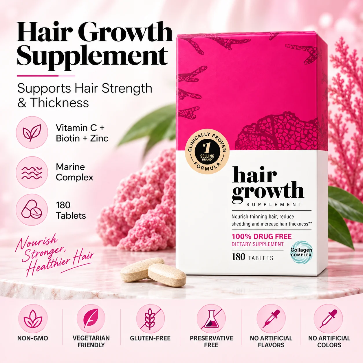 Women's Hair Growth Supplement with Biotin Marine Complex Zinc Selenium Vitamins for Stronger Thicker Fuller Looking Hair 180 Ct