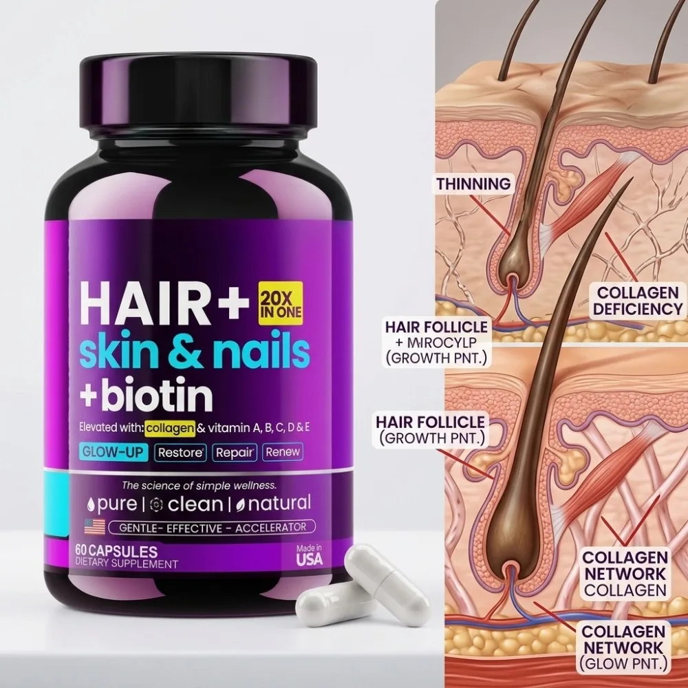 Hair Skin & Nails Vitamins for Growth & Glow with 10,000mcg Biotin & Collagen - Hyaluronic Acid MSM Astaxanthin Supplement 60 Ct