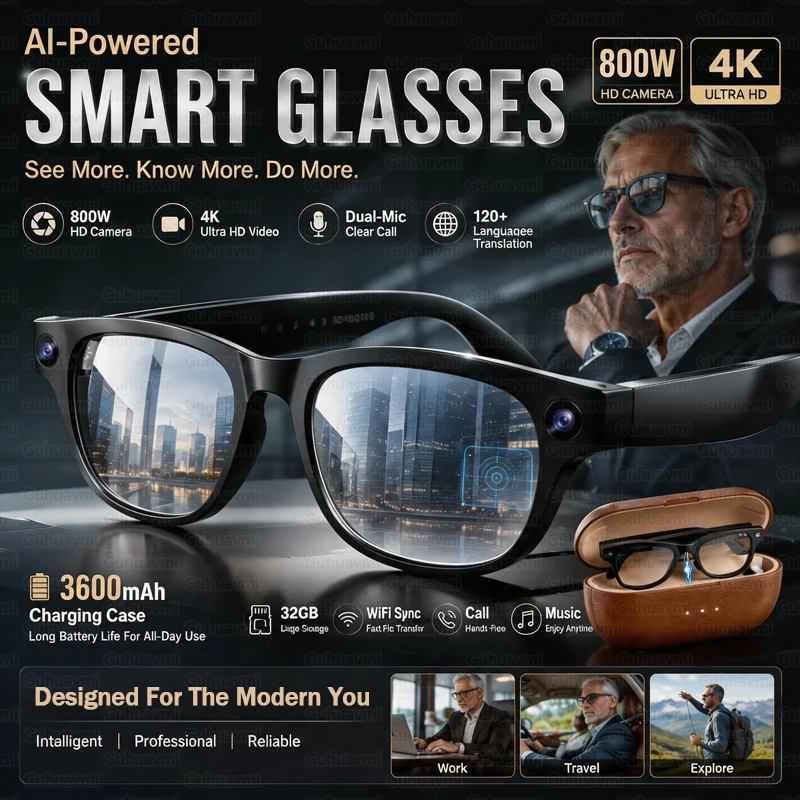 3600mAh Power Bank AI Smart Sunglasses 800W UHD Camera 120+ Languages Translation Hands-Free Call Music Waterproof Smart Glasses