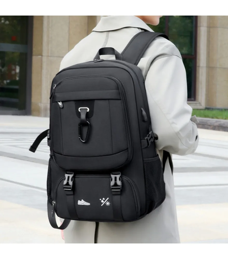 Black large capacity backpack with separate shoe compartment anti splash side USB for travel student daily storage