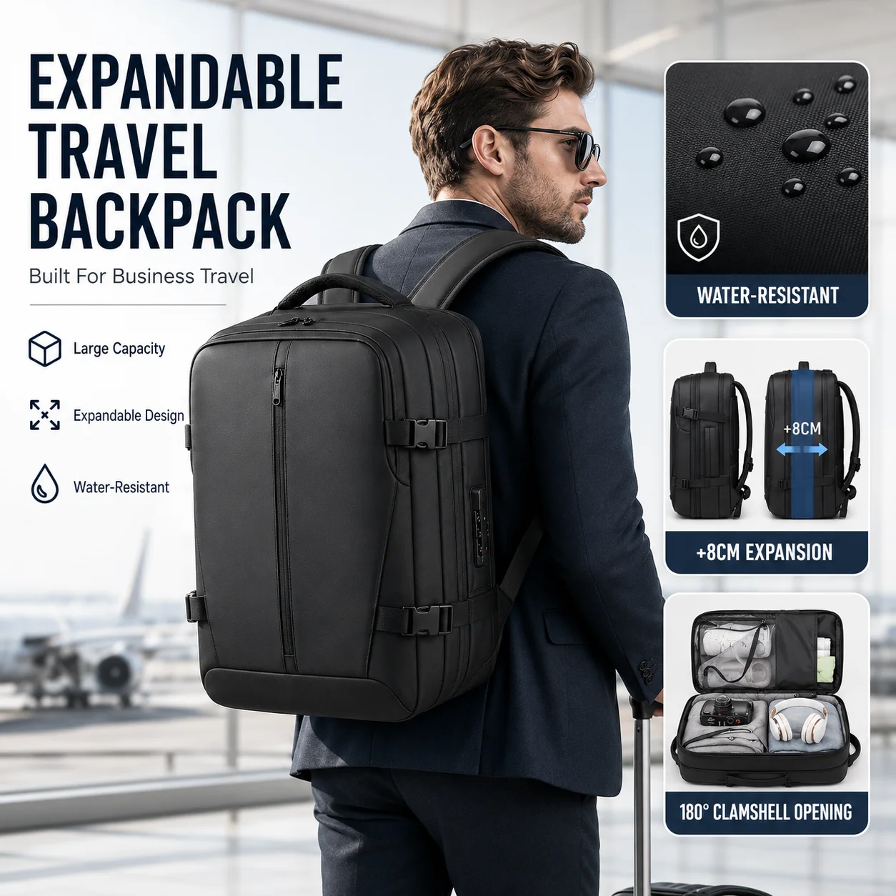 Mens Travel Backpack Expandable Large Capacity Laptop Bag Lightweight Business Short Trip Carry On Backpack Waterproof Daypack
