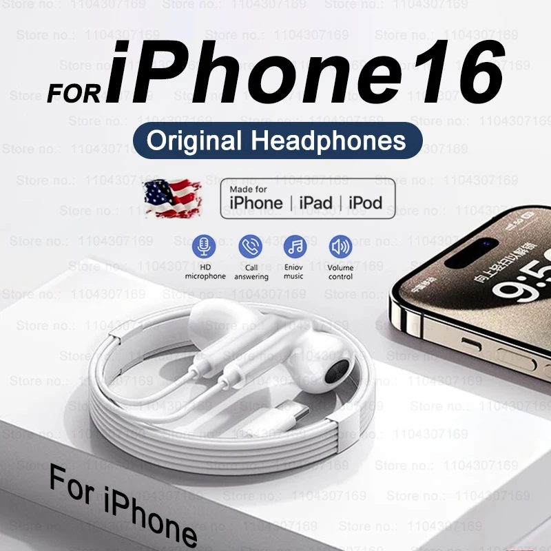 For Apple Original Headphones For iPhone 16 Pro Max 15 14 13 12 11 X XS XR 8 7 6S Plus Wired Earphones Headset Phone Accessories