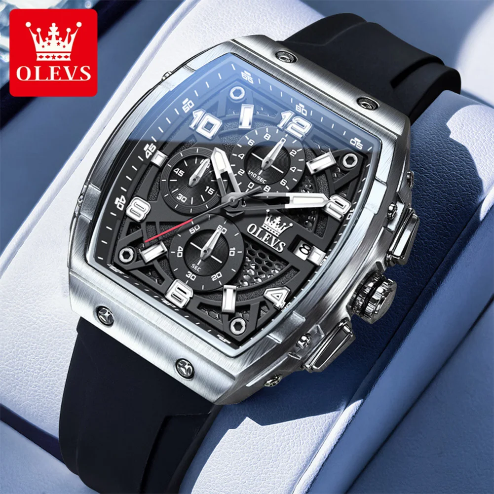 OLEVS Men Watches 2976 Luxury Fashion Tonneau Quartz Watch for Man Original Brand Movement Silicone Strap Waterproof Chronograph